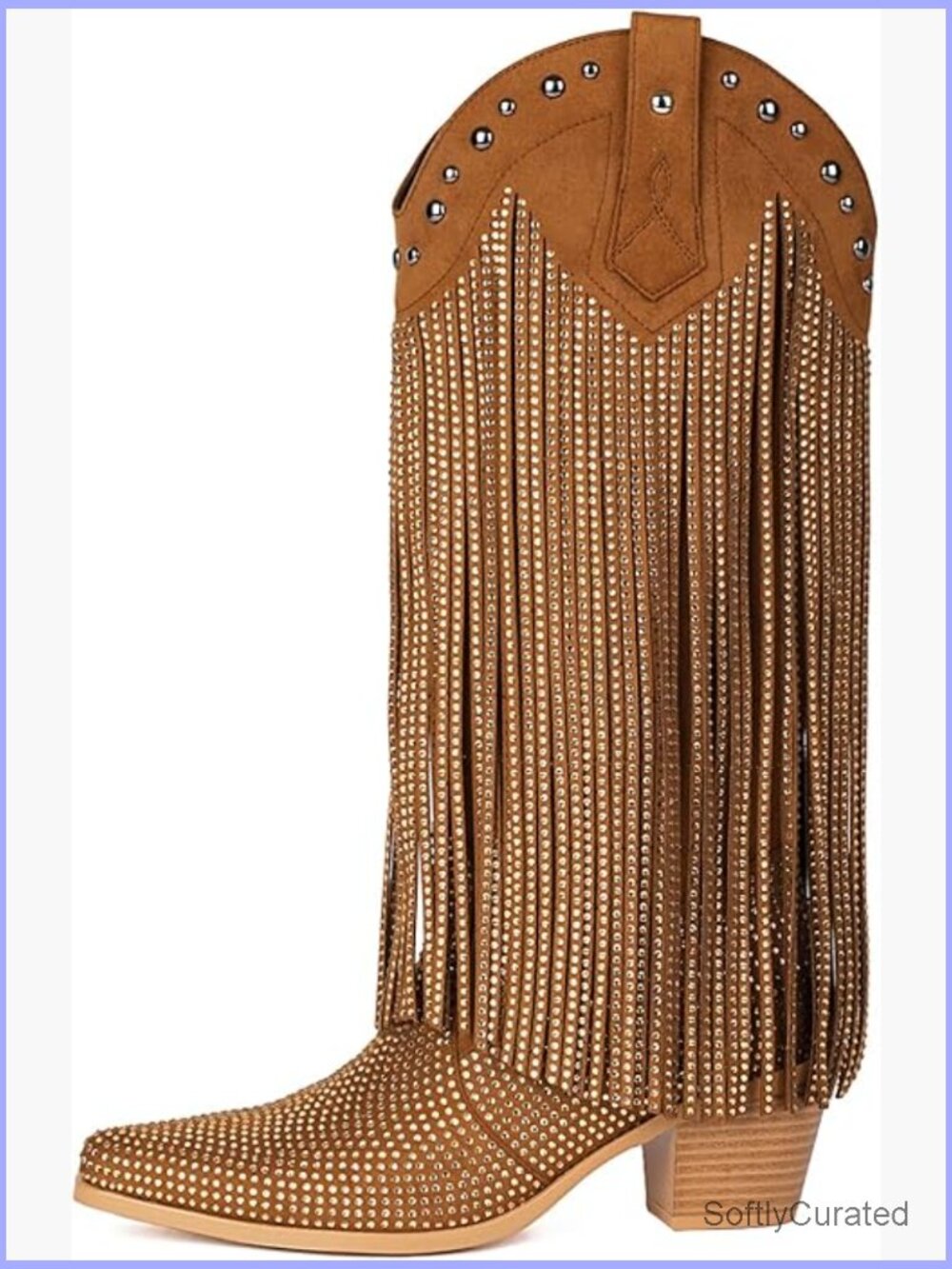 Rhinestone Fringe Cowgirl Boots, Sparkly Western Pointed Toe Knee High Chunky